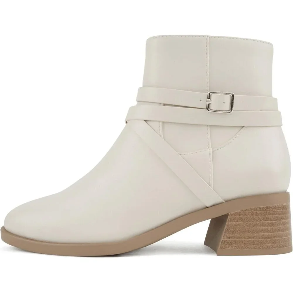 Women's White PU Leather Round Toe Low Block Heel Ankle Boot with Side Zipper - Picture 1 of 6